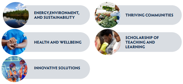 Five Pillars [1. Energy, environment and sustainability. 2. health and wellbeing. 3. Innovative solutions. 4.thriving communities. 5. scholarship of teaching and learning]