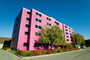A bright pink apartment building